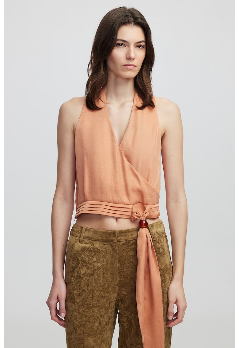 Bluza crop cu decolteu in V - Roz somon