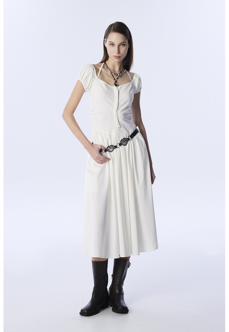 Rochie midi cu fenta scurta cu nasturi - Alb