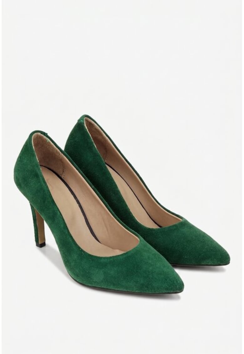 Pantofi dama NUR din piele intoarsa verde cu toc subtire