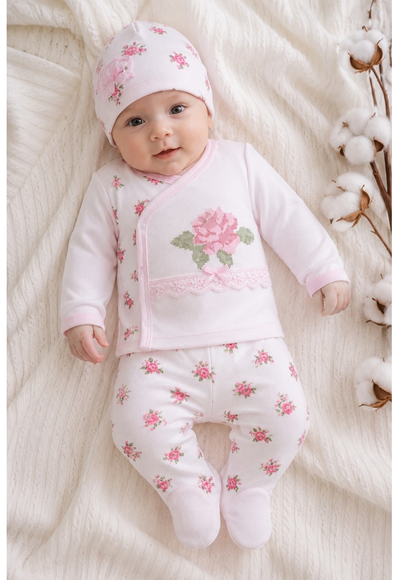 Set bebe fetita 3 piese roz cu flori - dantela si broderie trandafir - 0-3 luni - Fete