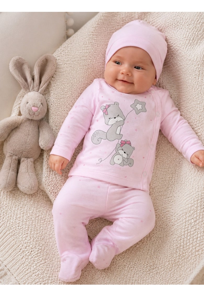 Compleu bebe fetita roz cu caciulita si imprimeu veverite din bumbac - 0-3 luni - Fete