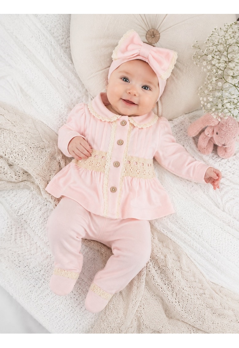 Compleu elegant bebe fetita roz pudrat cu bentita si dantela 3 piese - 0-3 luni - Fete