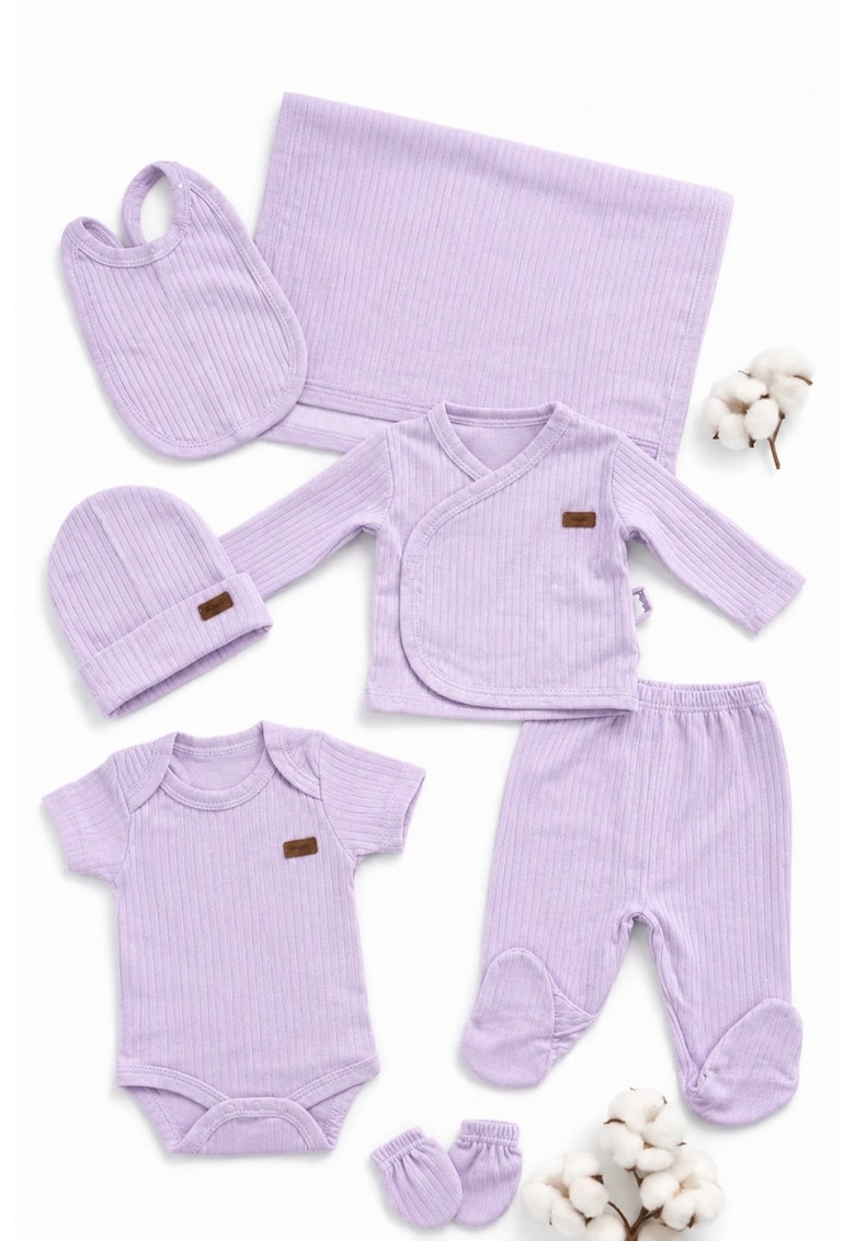 Set bebe nou nascut mov lila 7 piese din bumbac cu body pantaloni si paturica - 0-3 luni - Fete