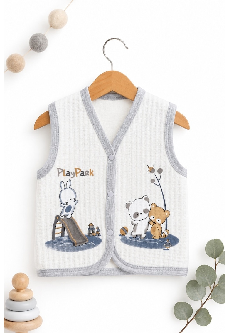 Vesta bebe alba din bumbac moale cu imprimeu animale si inchidere capse