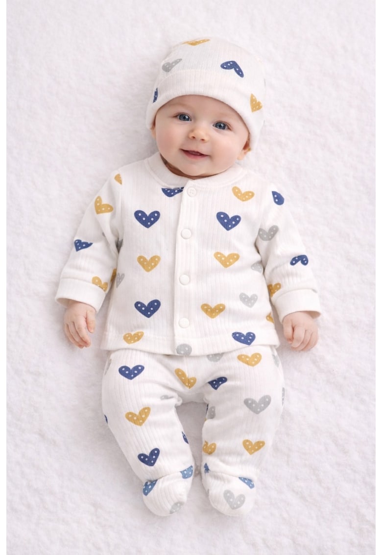 Set bebe bumbac 3 piese alb cu inimioare bluza pantaloni si caciulita nou nascut - 0-3 luni - Baieti