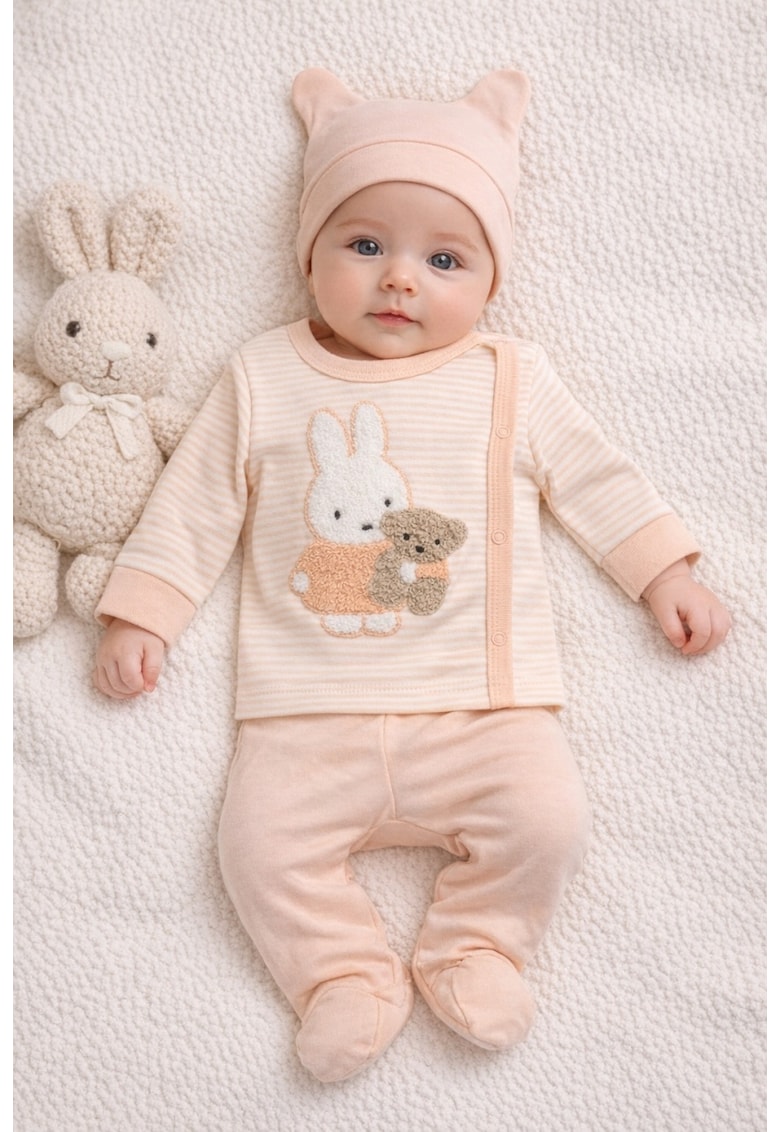 Set bebelus 3 piese bumbac cu iepuras bluza pantaloni caciula piersicadwqfwq - 0-3 - Multicolor