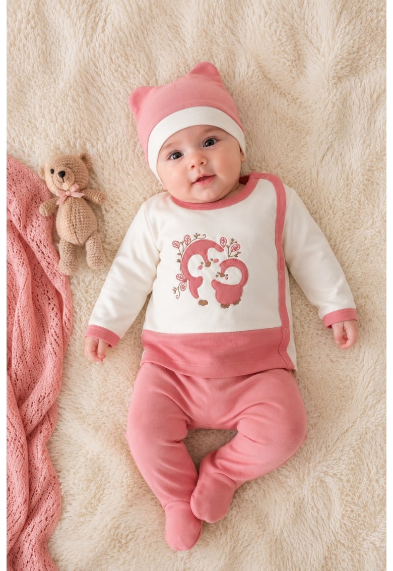 Set bebe fetita roz 3 piese din bumbac cu bluza pantalon si caciulita model pinguin - 0-3 luni - Fete