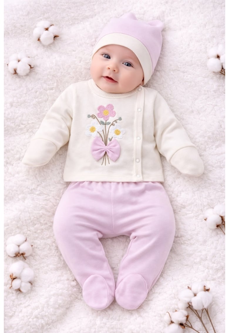 Compleu bebe fete 3 piese roz cu floricele si caciulita - 0-3 luni - Fete