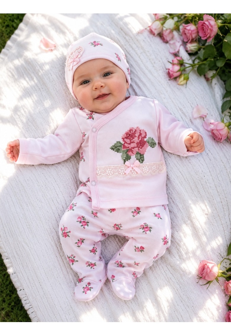 Set bebe fetita 3 piese roz cu imprimeu floral si broderie trandafir din bumbac - 0-3 luni - Fete