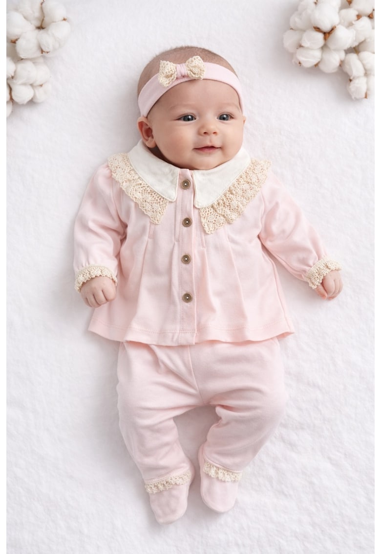 Set bebe fetita bumbac roz 3 piese cu dantela bluza pantaloni si bentita eleganta - 0-3 luni - Fete