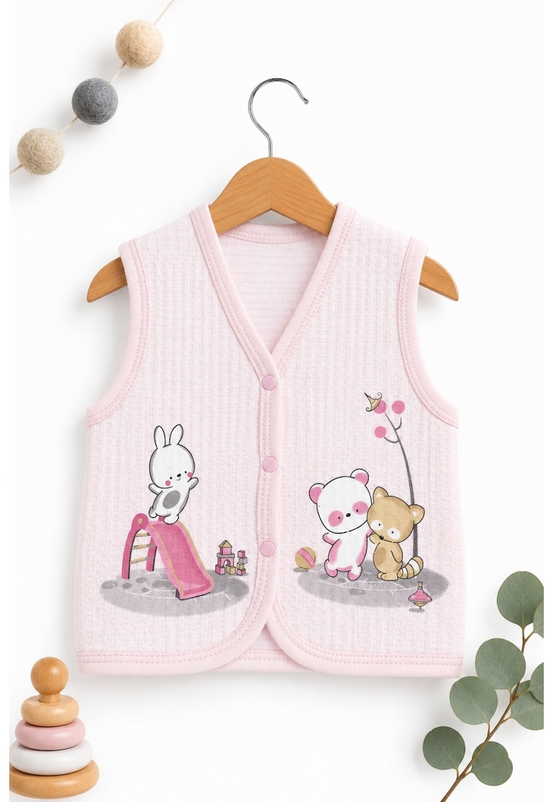 Vesta bebe roz din bumbac cu imprimeu animale si inchidere capse