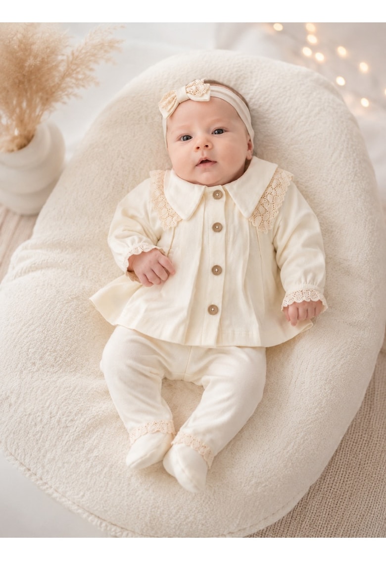Compleu elegant bebe fetita crem cu dantela si bentita 3 piese - 0-3 luni - Fete