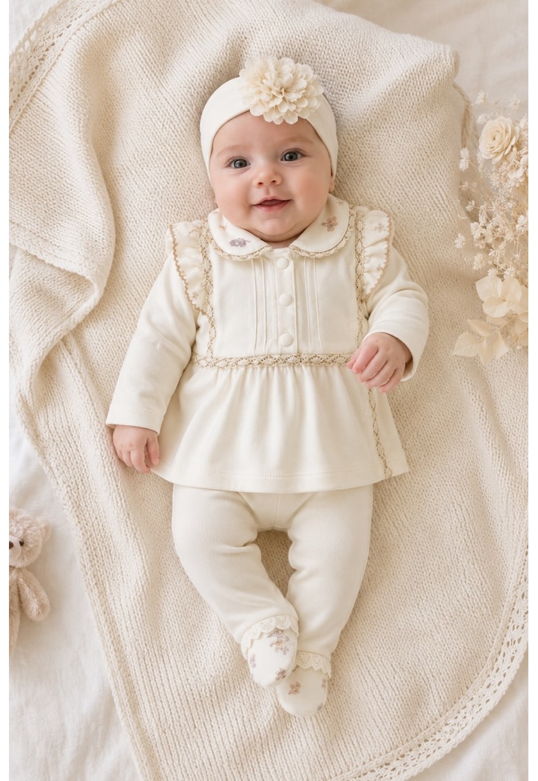 Compleu elegant bebe fetita crem cu dantela si bentita florala 3 piese - 0-3 luni - Fete