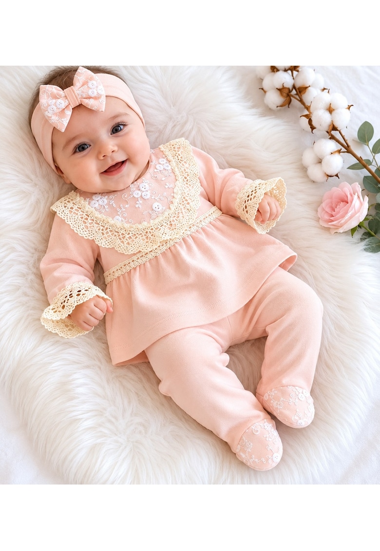 Compleu elegant bebe fetita roz pudrat cu dantela si bentita 3 piese