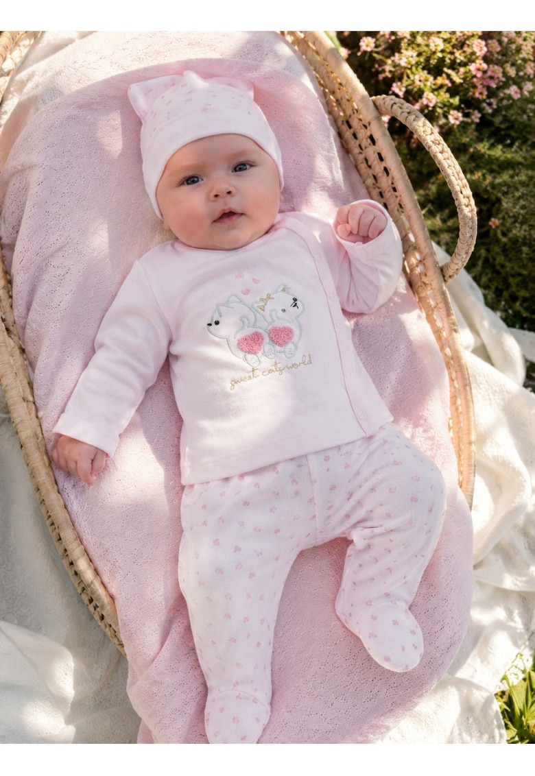 Set bebe fetita 3 piese roz din bumbac cu bluza pantalon si caciulita sweet caty world - 0-3 luni - Fete