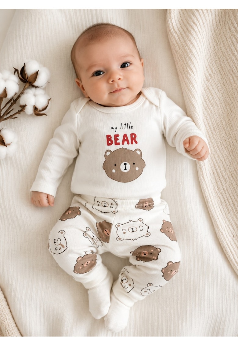 Set bebe 2 piese din bumbac alb body si pantaloni my little bear