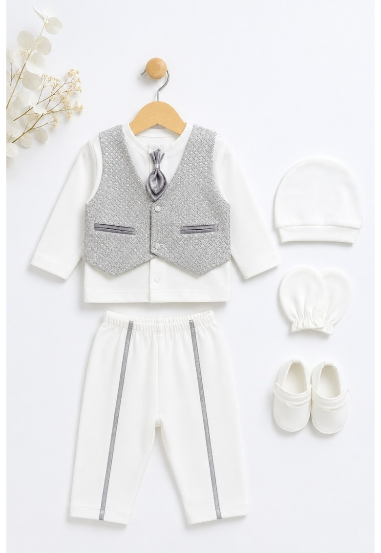 Costum elegant bebe baiat alb cu vesta gri 6 piese pentru botez - 0-3 luni - Baieti