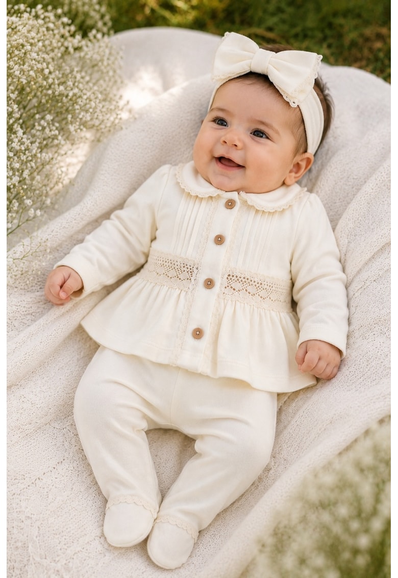 Compleu elegant bebe fetita crem cu dantela si bentita 3 piese - 0-3 luni - Fete
