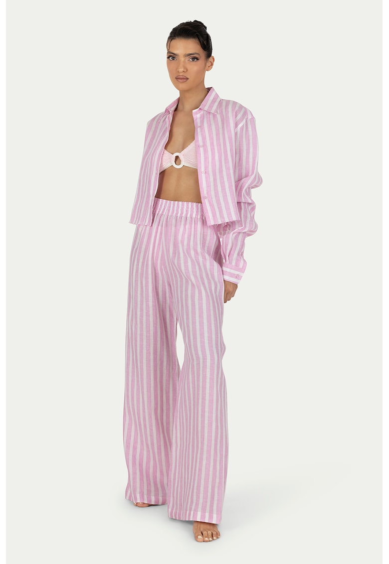 Pantaloni de in cu croiala ampla - dungi si talie inalta Cora - Alb optic/Roz