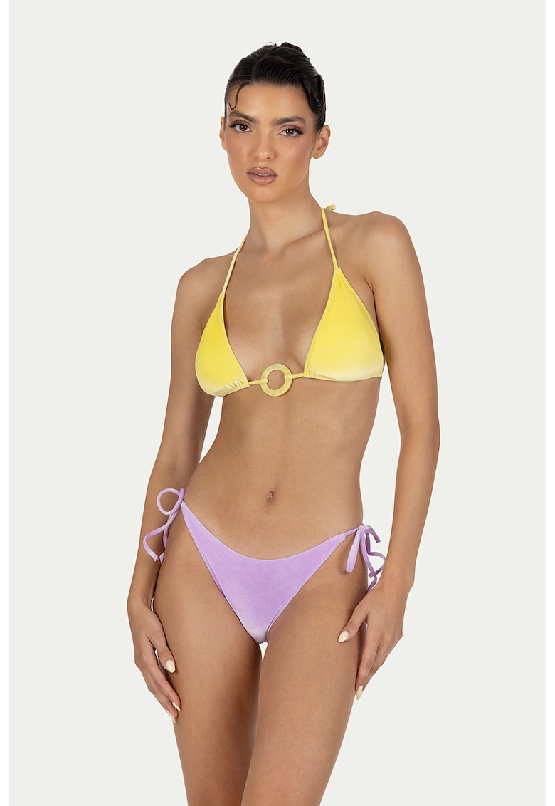 Costum de baie cu doua piese - doua nuante si cupe triunghiulare - Galben pal/Lila