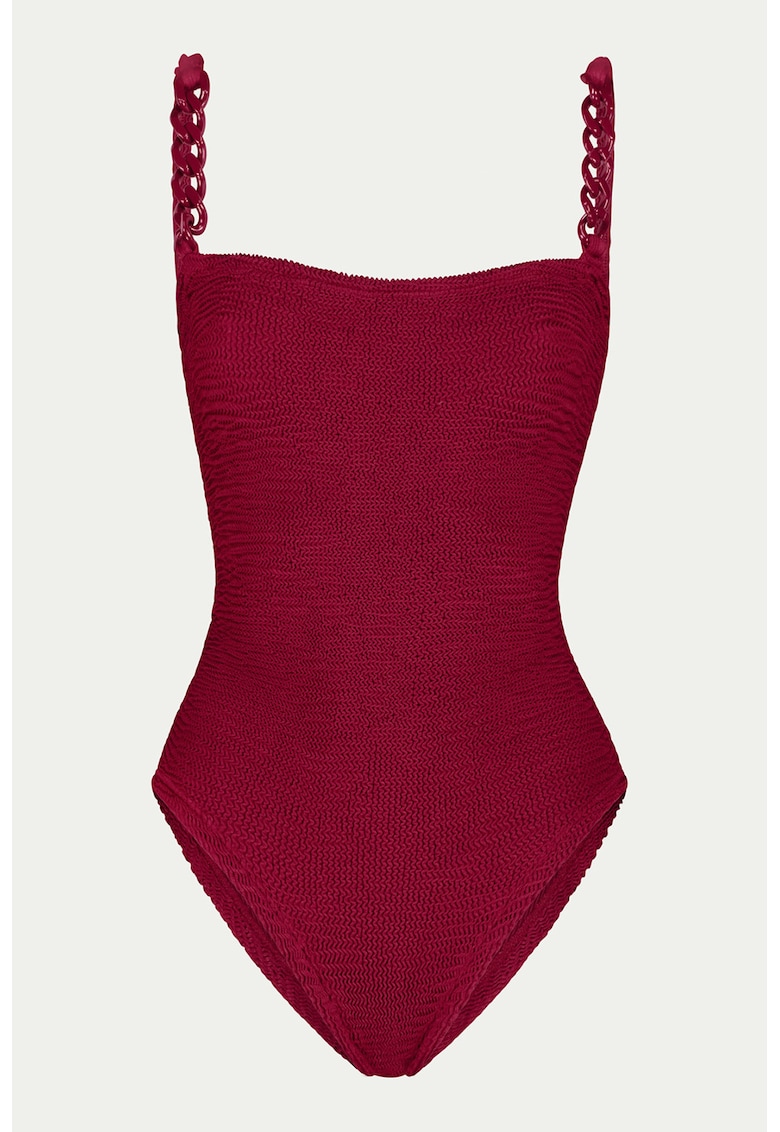 Costum de baie intreg texturat cu barete de lant - Rosu inchis