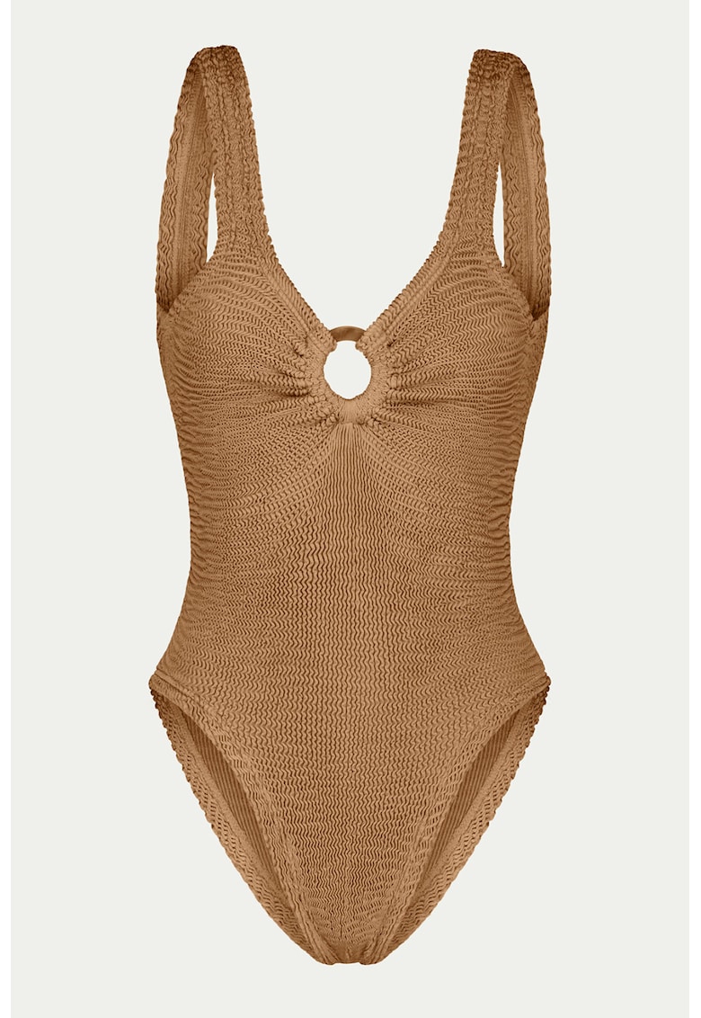 Costum de baie intreg texturat cu decolteu in V - Maro camel