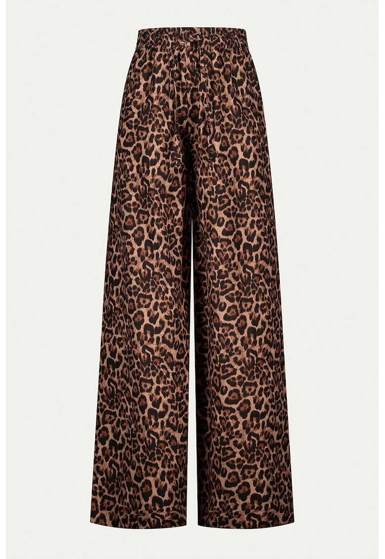 Pantaloni din in cu animal print - Negru/Maro pamantiu