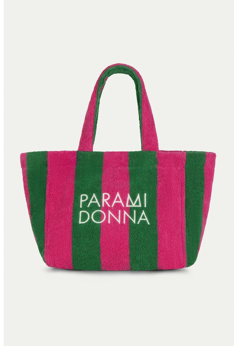 Geanta de plaja din bumbac cu dungi - Verde/Fucsia