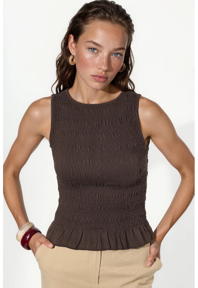 Tricou dama - top cu volane - bumbac - maro cafea