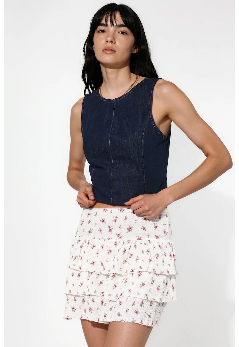 Fusta mini skater cu talie inalta - alb - model floral - 100% viscoza