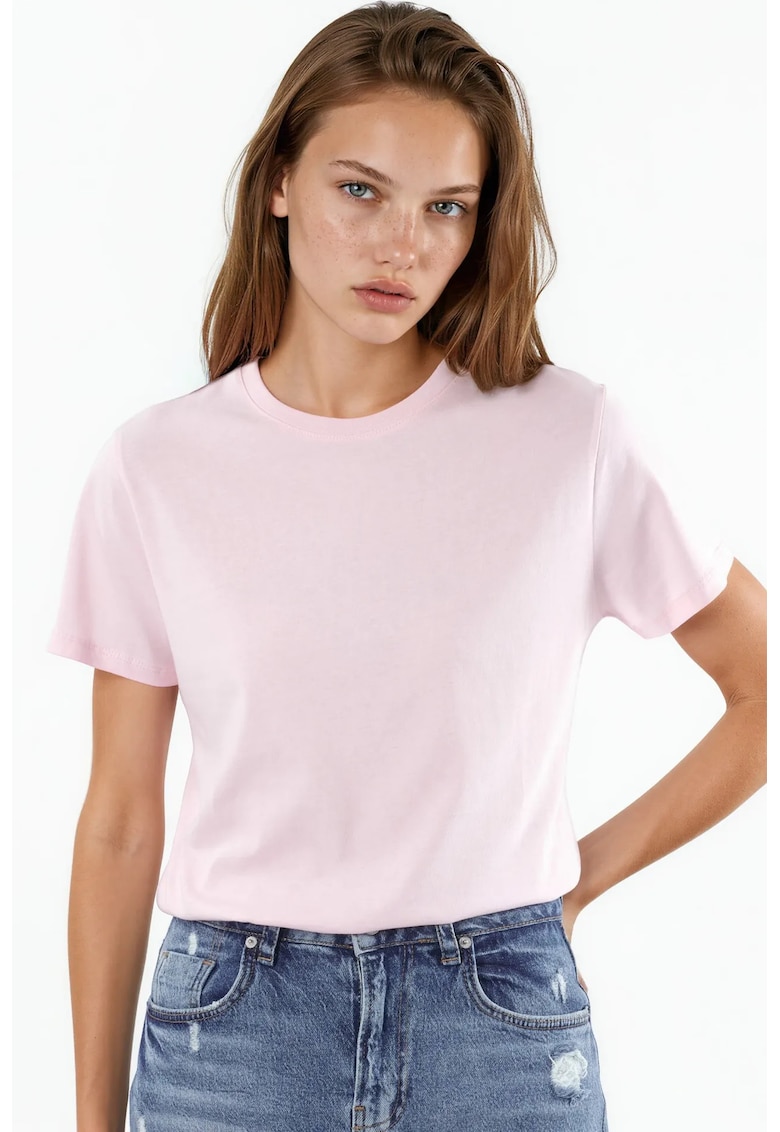 Tricou bumbac - roz pudra - maneca scurta - guler rotund