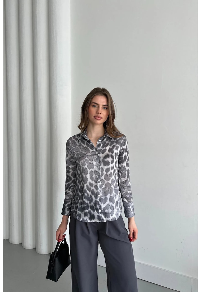Camasa dama - camasa cu imprimeu leopard - gri - poliester - maneca lunga