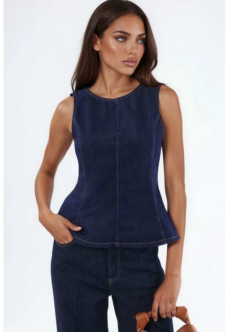 Top Bodycon fara maneci - fermoar - bumbac - albastru inchis
