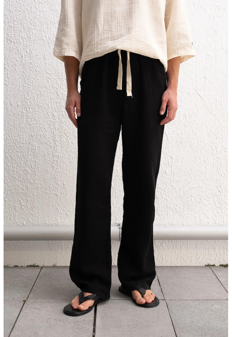 Pantaloni barbati - picior larg - snur in talie - Negru - 100% bumbac - M -