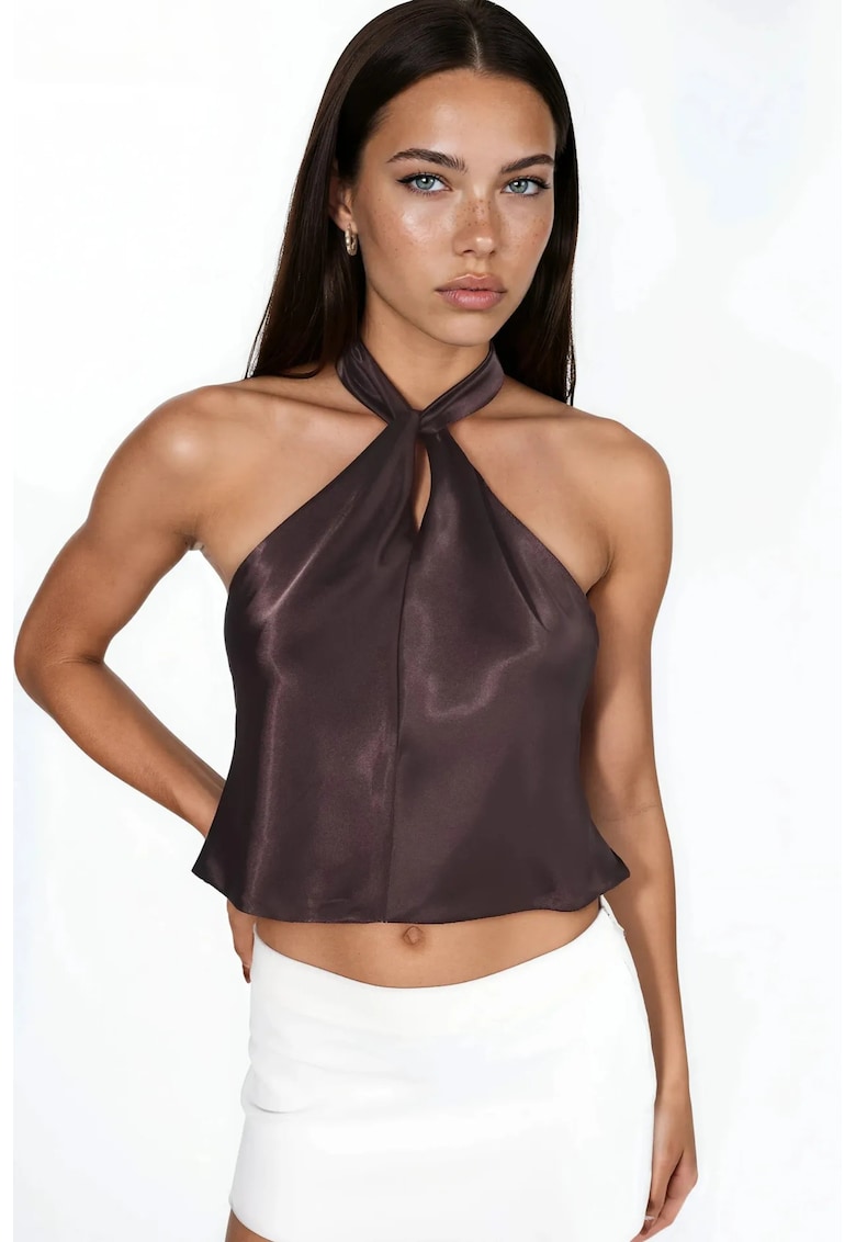 Top elegant guler halter - inchidere cu siret - maro - textil