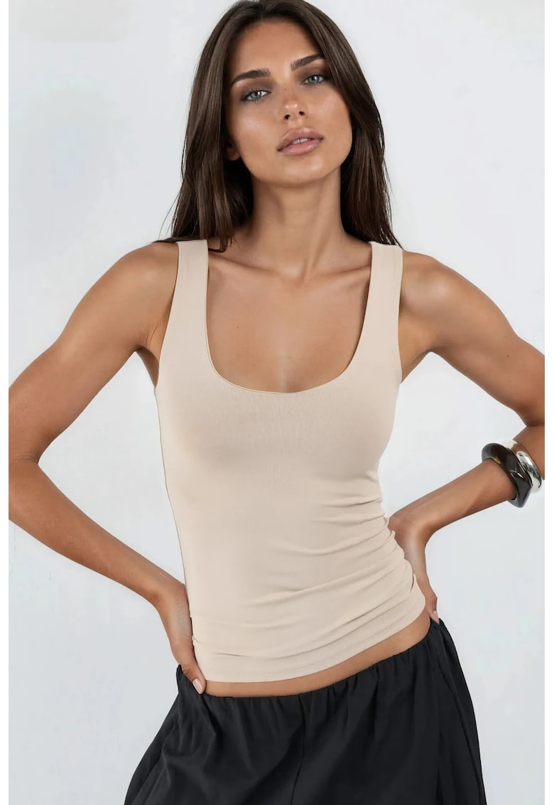 Maiou casual - decolteu patrat - uni - material tricotat - Crem
