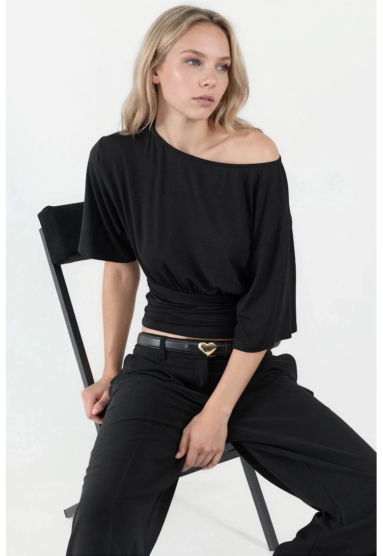 Bluza dama - tricotata - guler asimetric - negru - viscoza-elastan