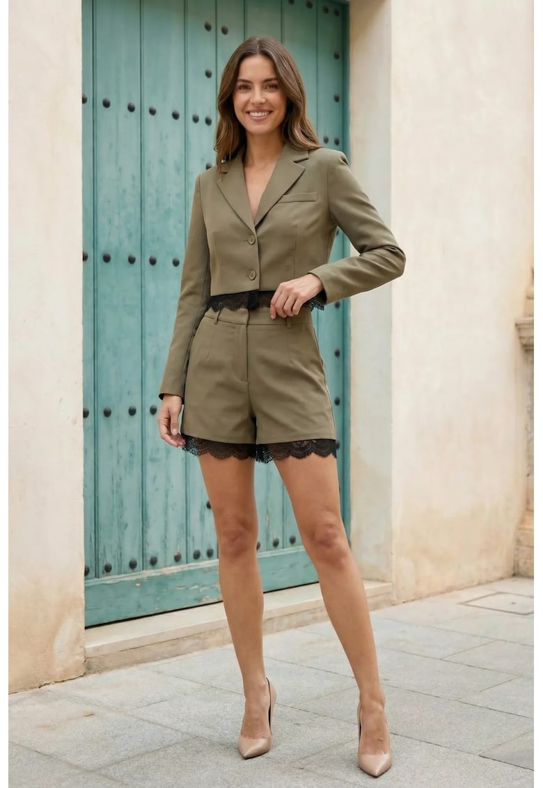 Set jacheta scurta si pantaloni asortati - verde kaki - croiala larga - din crep -
