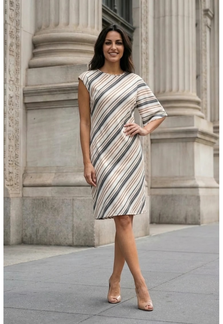 Rochie Midi asimetrica - cu dungi - maro - din lyocell