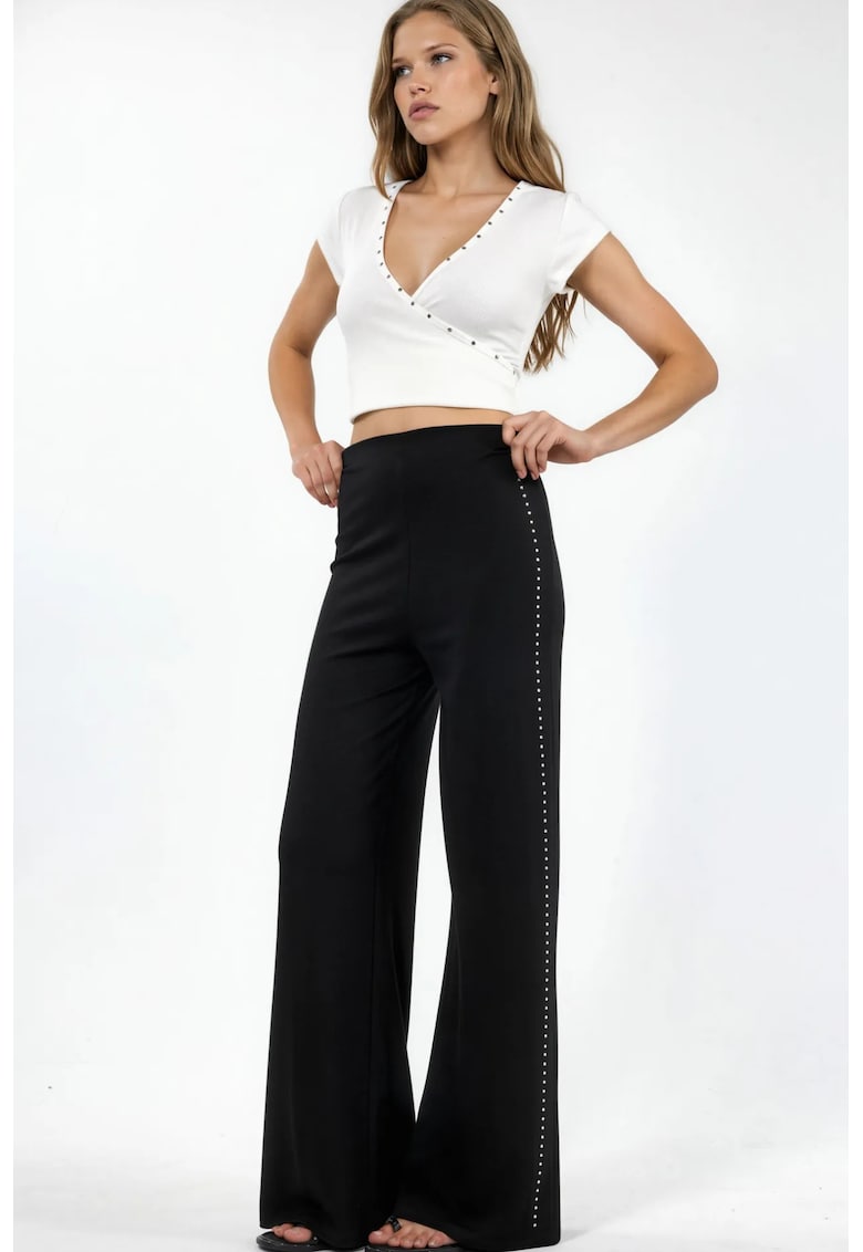 Pantaloni dama cu talie inalta - croiala dreapta - accesoriu piatra - negru - textil