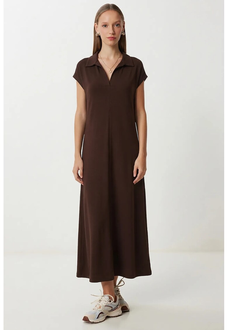 Rochie Midi Happiness Istanbul - Casual - Guler Polo - Buzunar - Maro Mocha Inchis - Bumbac-Elastan