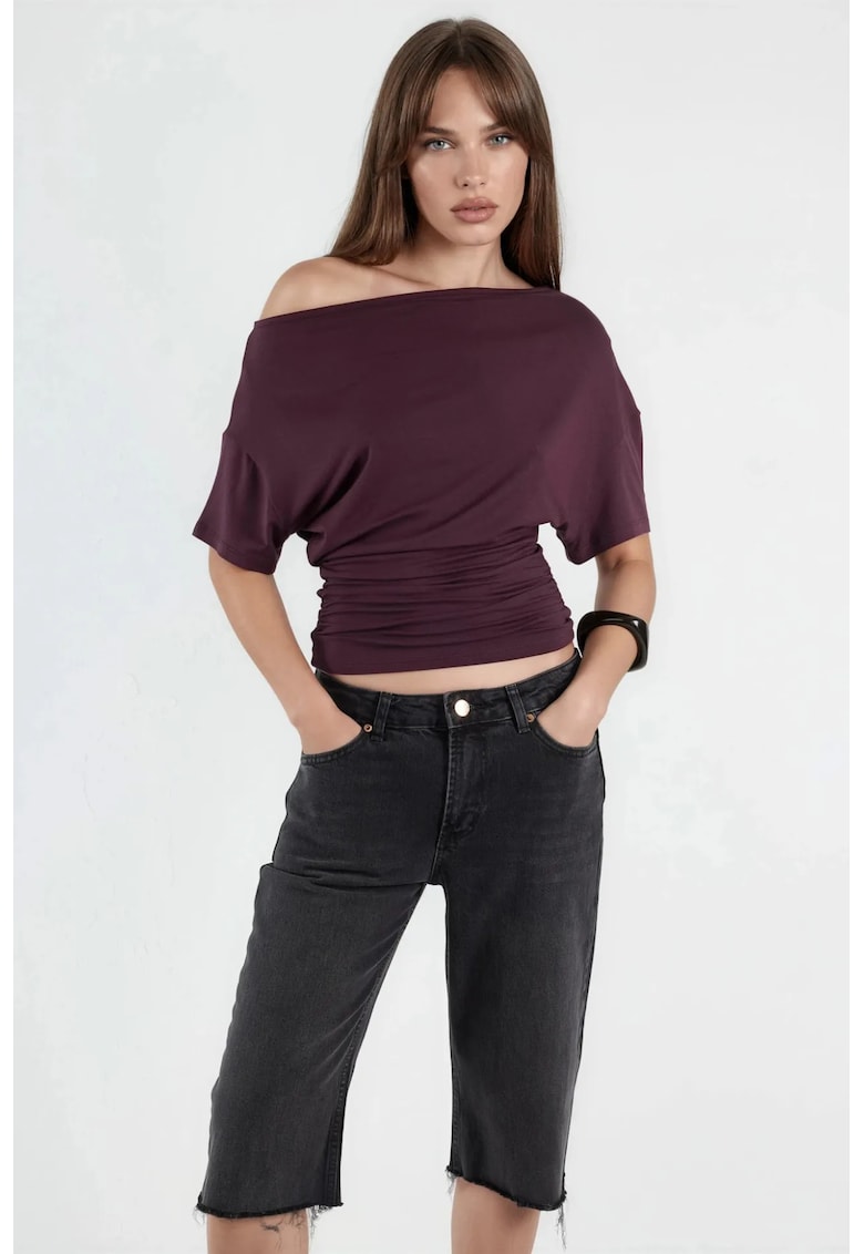 Tricou dama - top tricotat scurt - guler asimetric - mov ametist - material usor