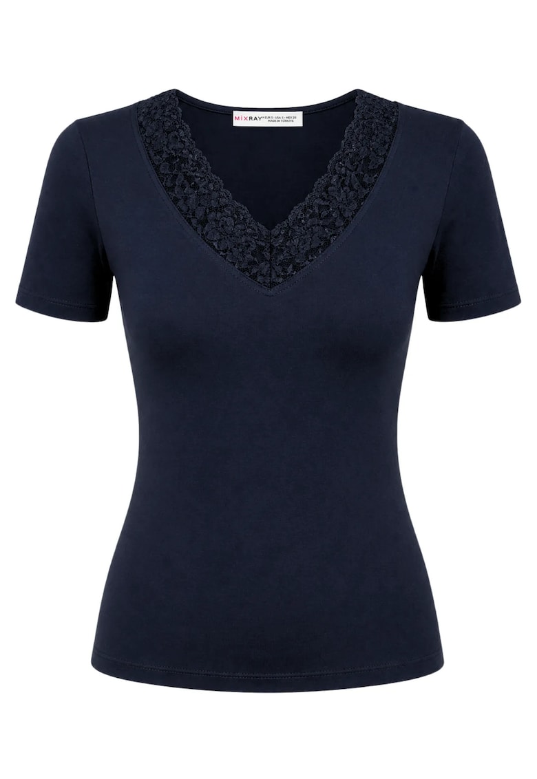 Tricou dama - bluza din dantela cu decolteu in V - croiala slim - albastru marin - captusit -