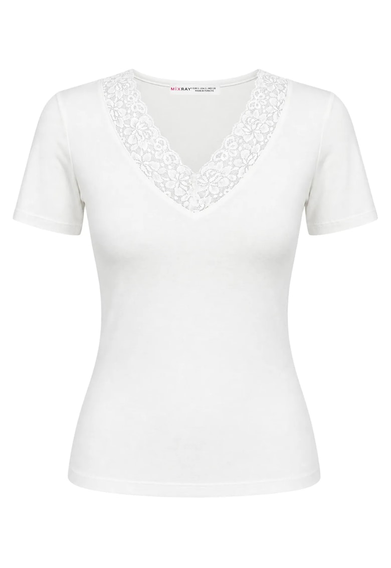 Tricou dama - slim - decolteu in V - dantela - alb - captusit