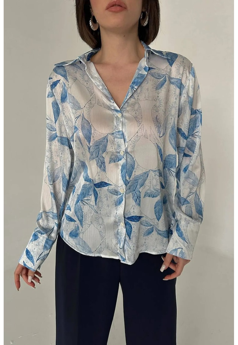 Camasa dama - camasa din satin - imprimeu floral - albastru cobalt - 100% poliester