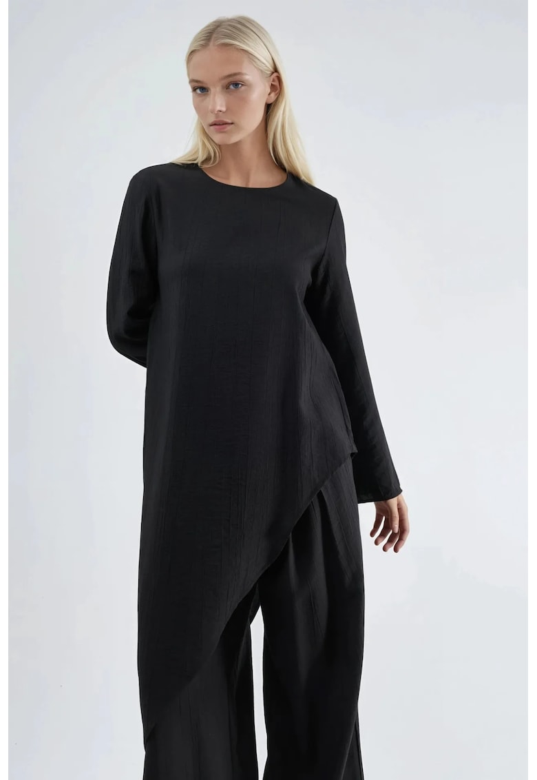 Bluza dama - tunica texturata cu nasturi - negru - poliester