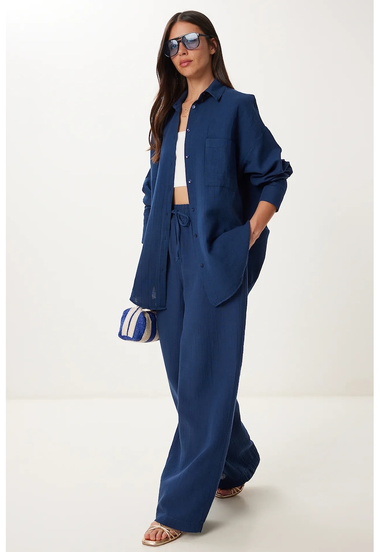 Set coordonat din doua piese - Happiness Istanbul - talie inalta - pantaloni largi - bleumarin - bumbac