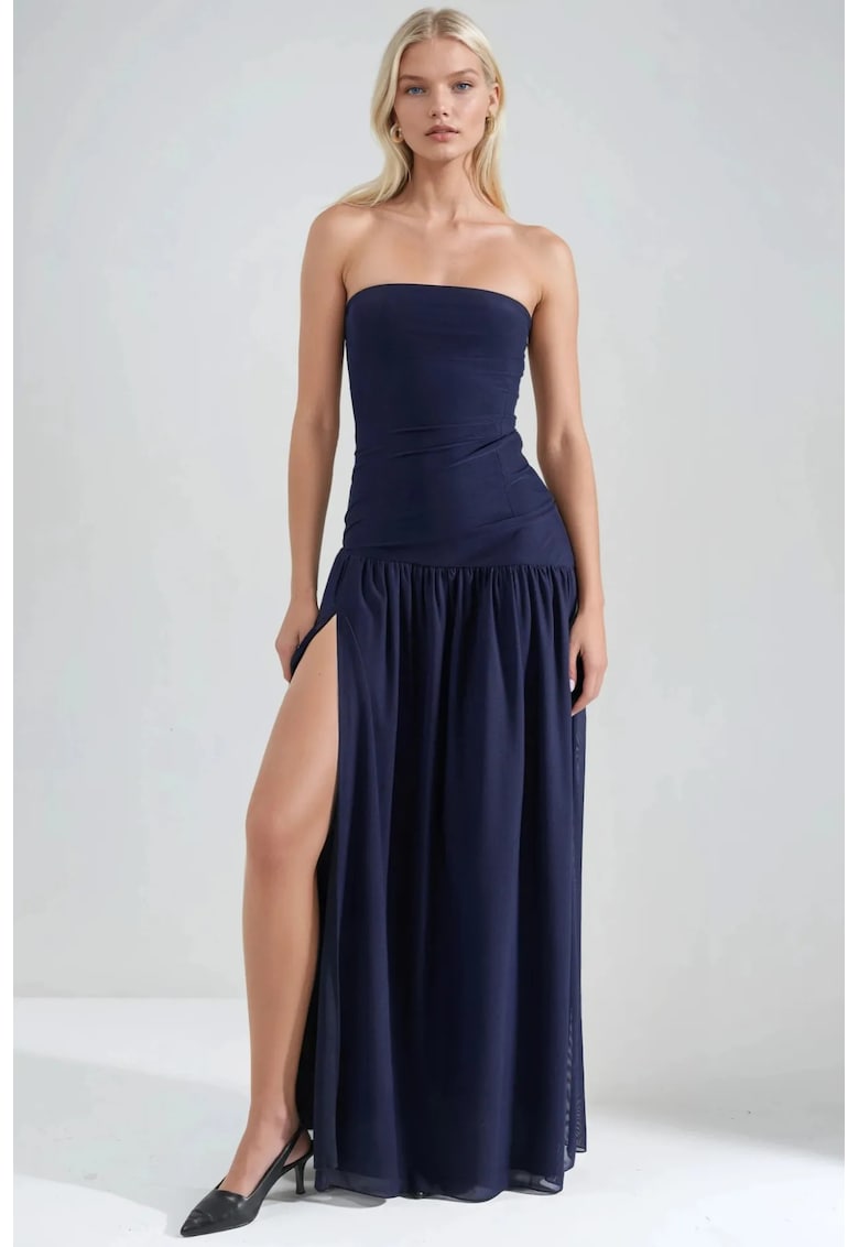 Rochie maxi - fara bretele - albastru marin - eleganta - material subtire