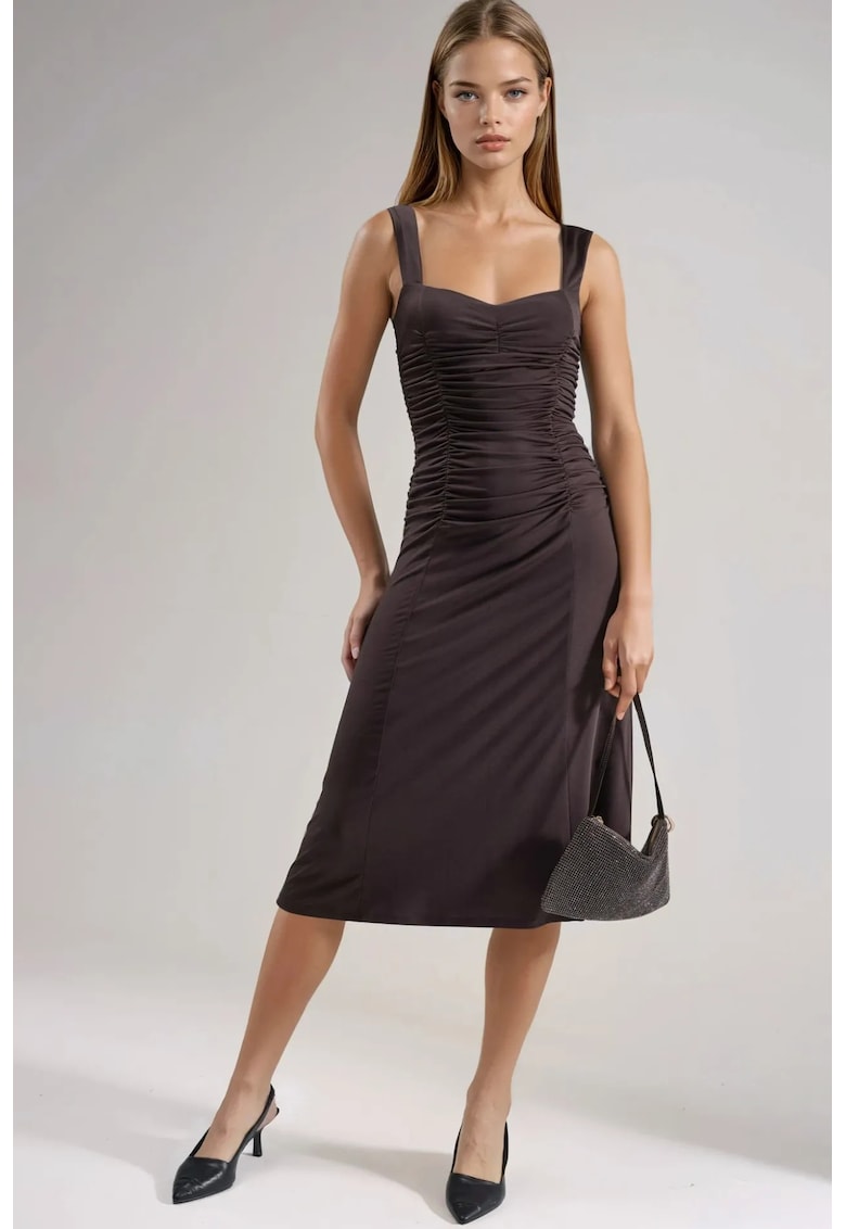 Rochie midi - guler in forma de inima - croiala A-line - maro castaniu - material tricotat