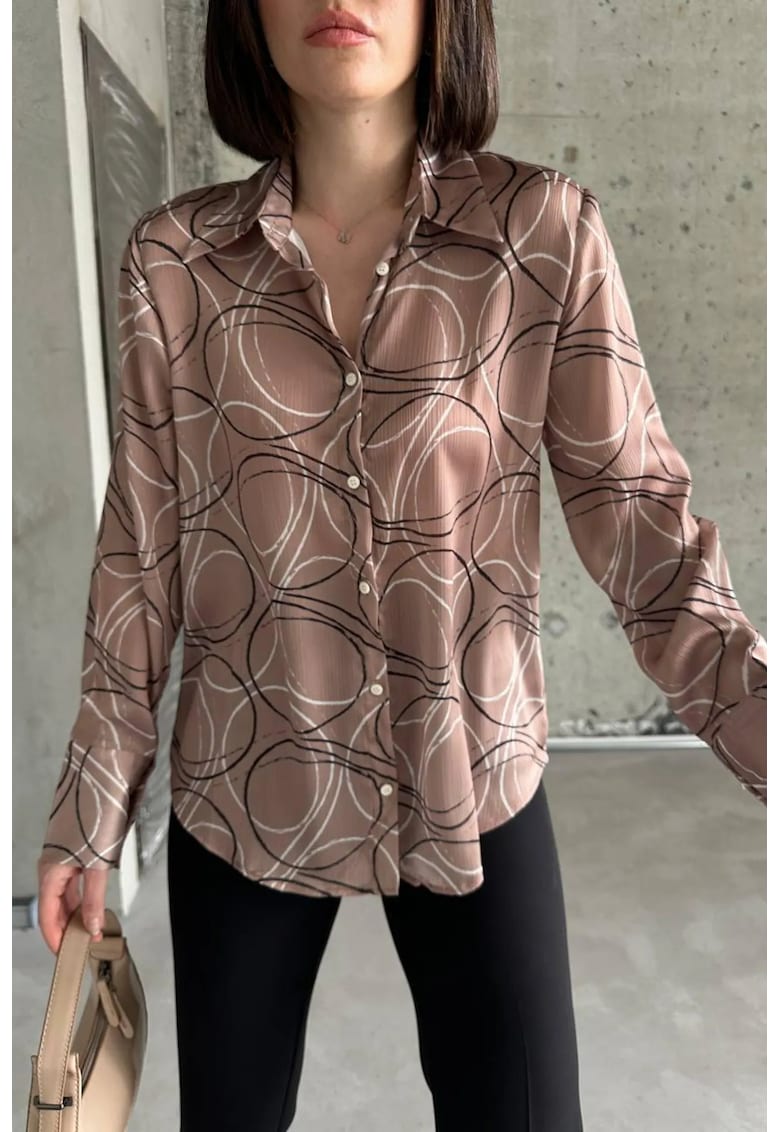 Camasa lunga cu imprimeu geometric - casual - maro camel - 100% poliester